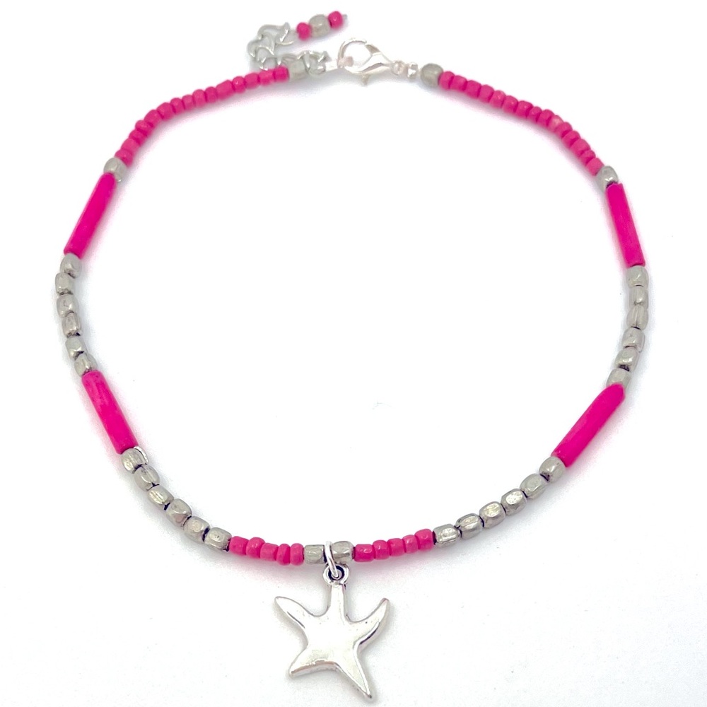 Anklet- Silver Beads, hot Pink glass seed beads and Silver Star Charm
